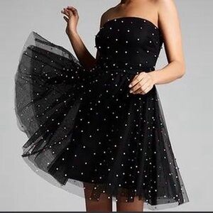 Betsey Johnson Black Strapless Tulle Dress with Multicolor/Rainbow Pearl Accents